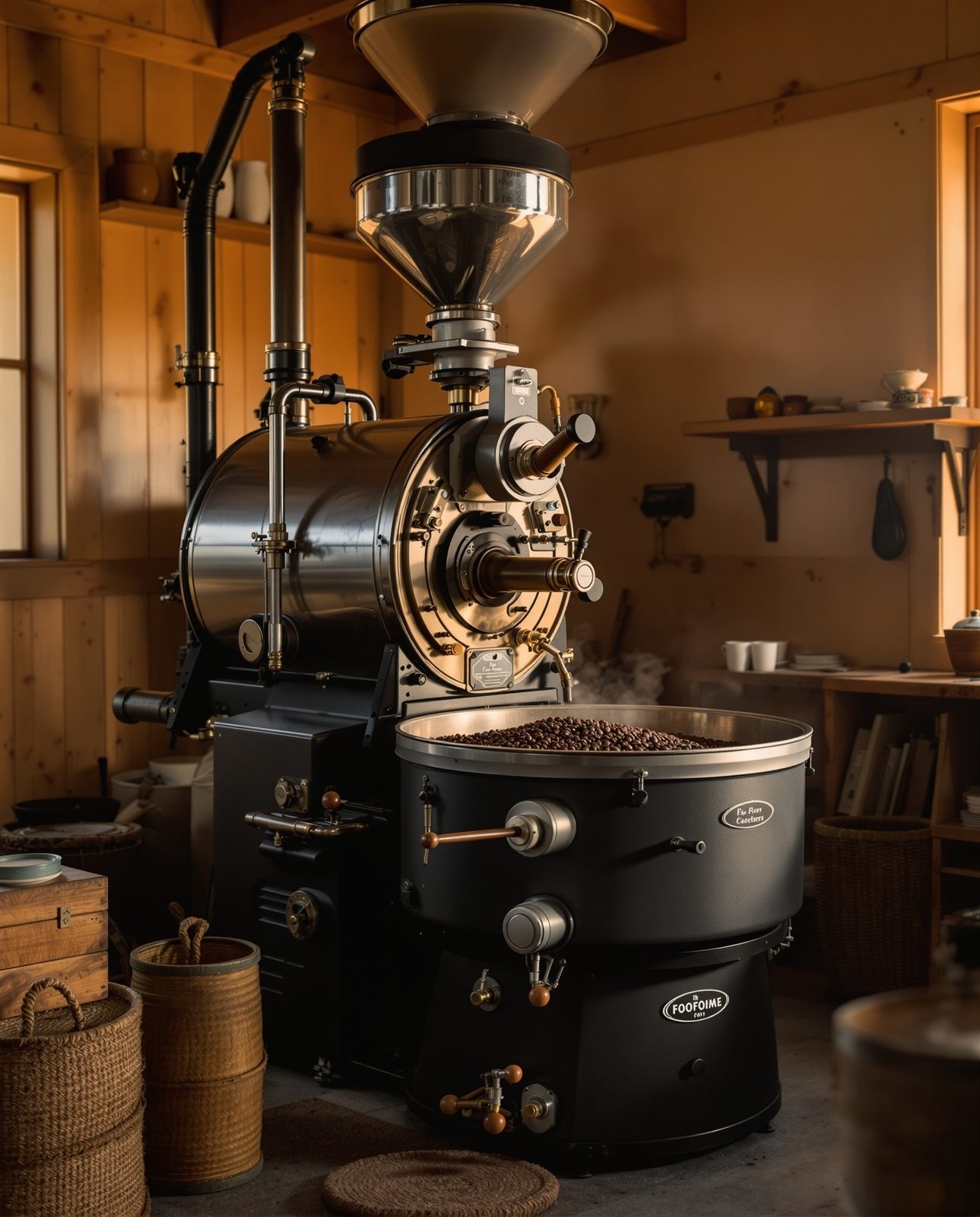 A twelve-kilo drum roaster at work in the roastery