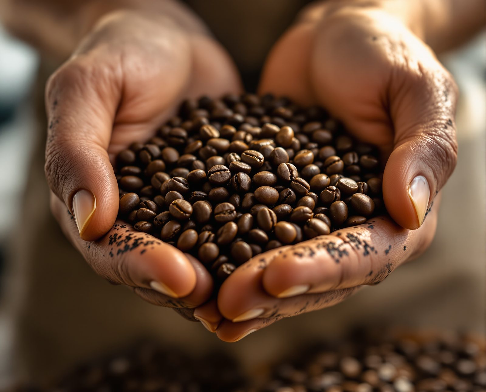 Hands holding freshly roasted beans